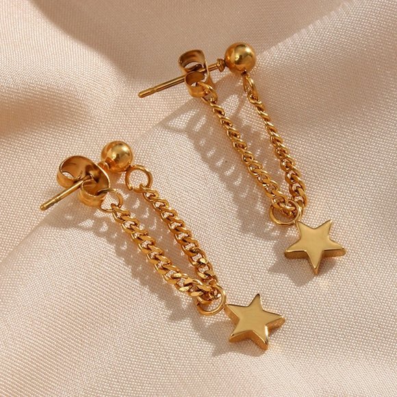 Star Chain Drop Earrings 18K Gold Plating Jewelry Gifts For Her / Wife / Mom - Picture 6 of 11